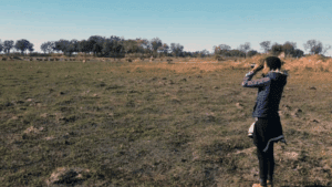 Guest with binoculars watching game on a game a walking safari