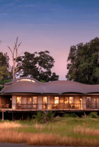 The height of luxury, front view of Xigera Safari Lodge, in the Okavango Delta, Botswana. Book with Think Africa Travel