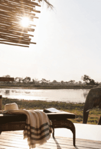 View of the Okavango Delta with an Elephant walking past when you stay at Eagle Island Lodge. Book with Think Africa Travel