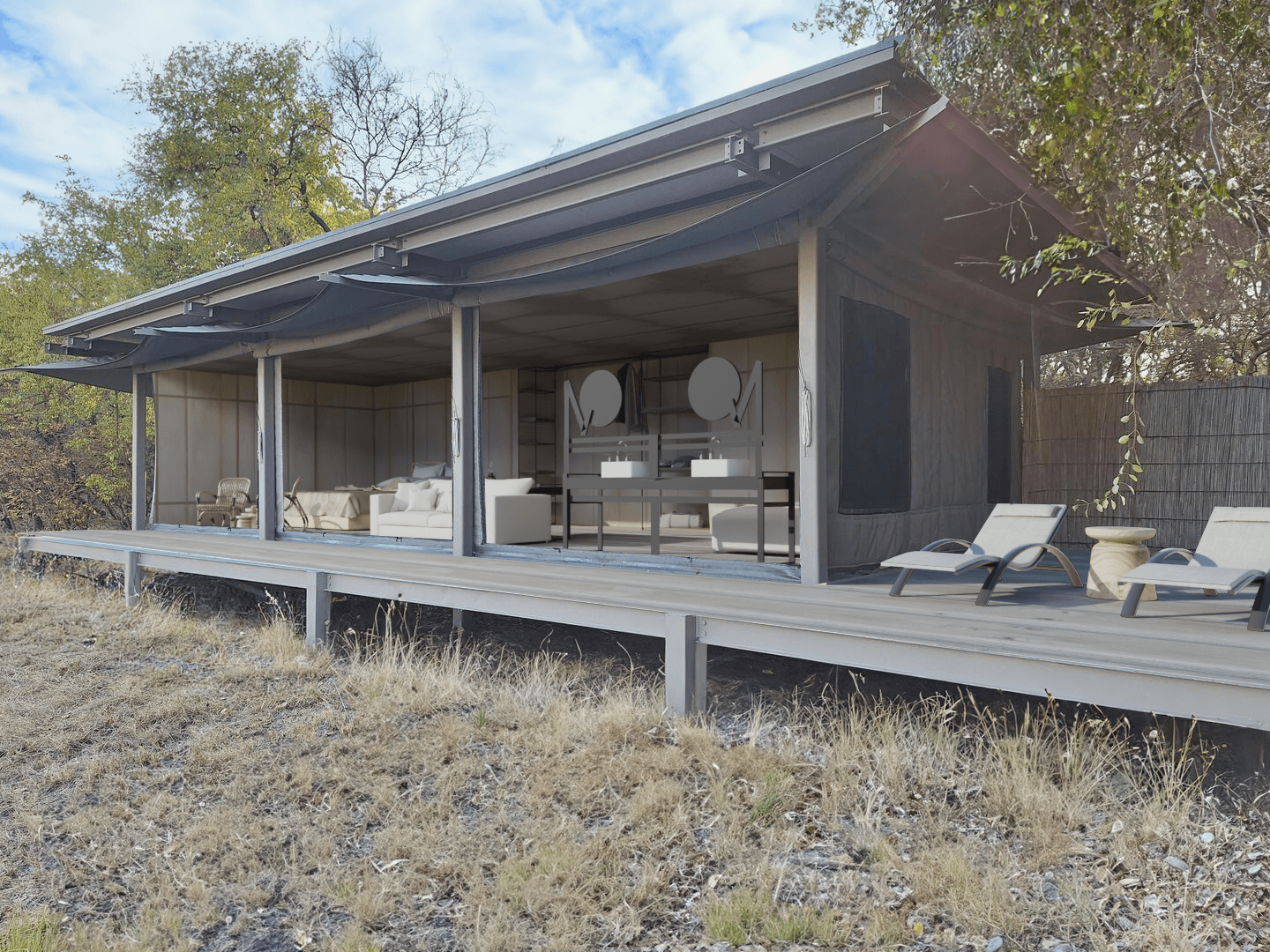 The front view of a newly renovated bedroom at King Lewanika Lodge, Liuwa National Park, Zambia