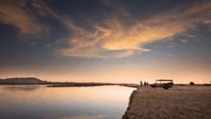Sunset along the waters edge in the Okavango as part of a Game Drive