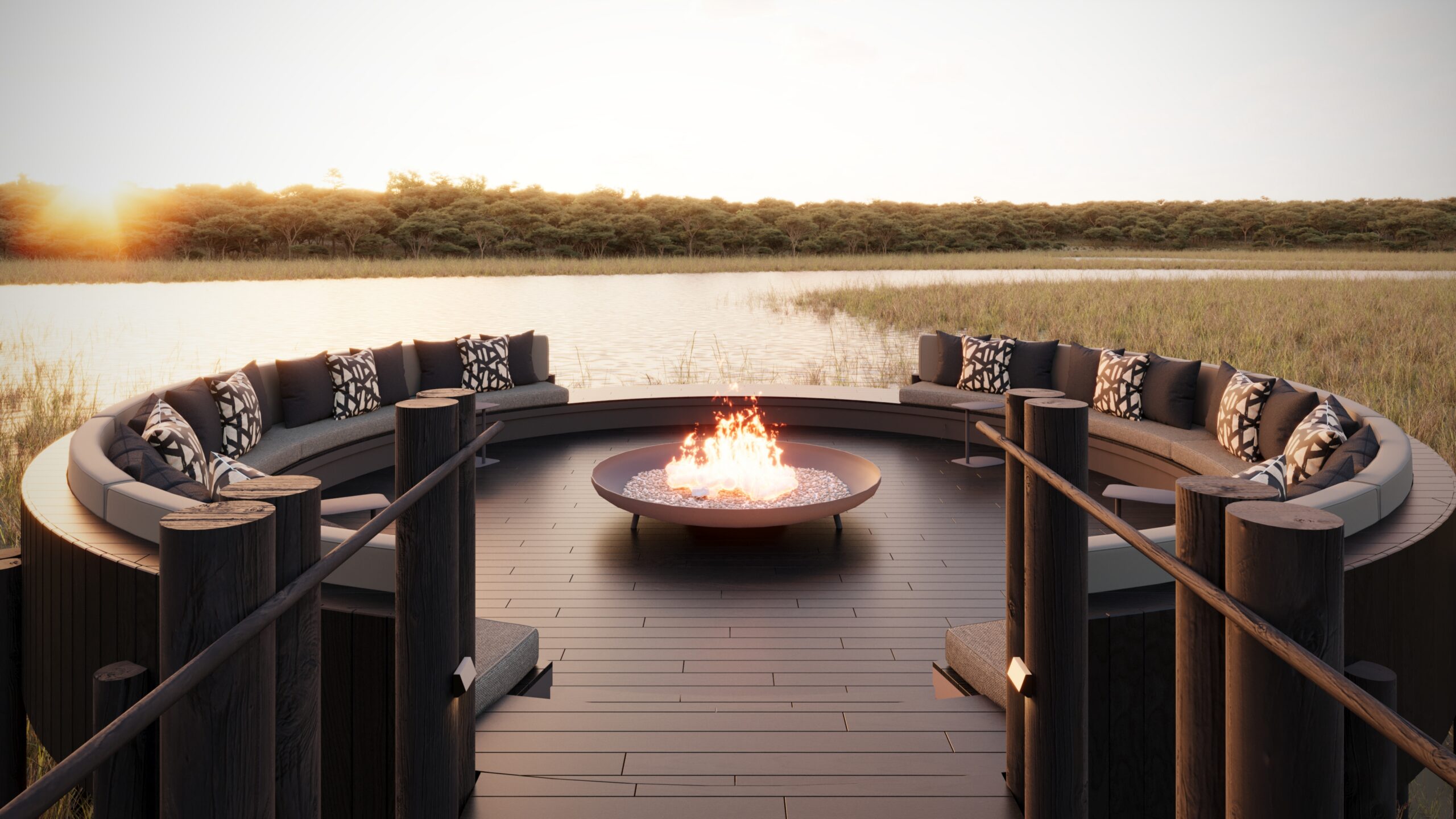 Overlooking the firepit and water